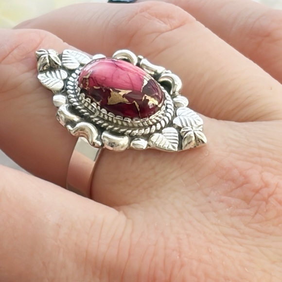 Rose Red Dahlia Turquoise Navajo Style Ring Size 9 Pure Sterling Silver 925 New - Picture 9 of 12